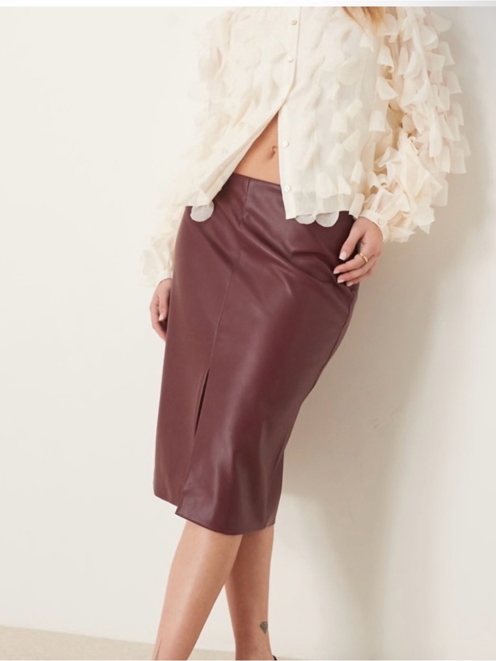 Abercrombie & Fitch Faux Leather Midi Pencil Skirt in Burgundy
